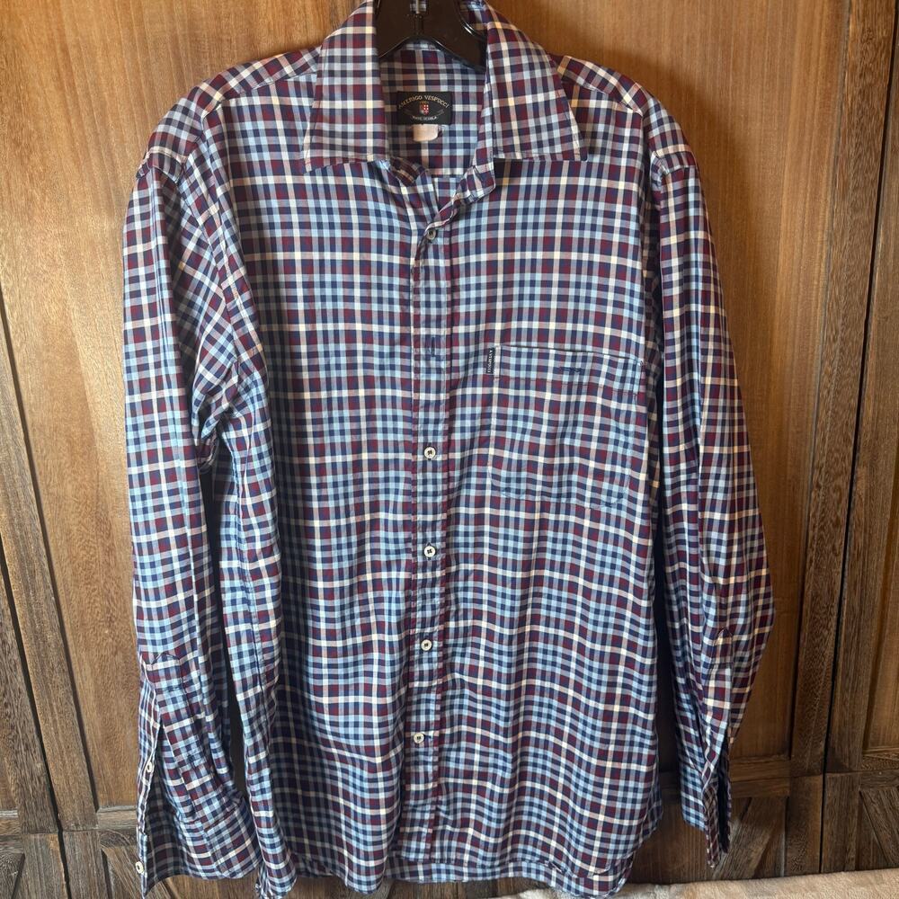 Amerigo Vespucci Mens Plaid Button Front Shirt Long Sleeve Blue Burgundy XL
